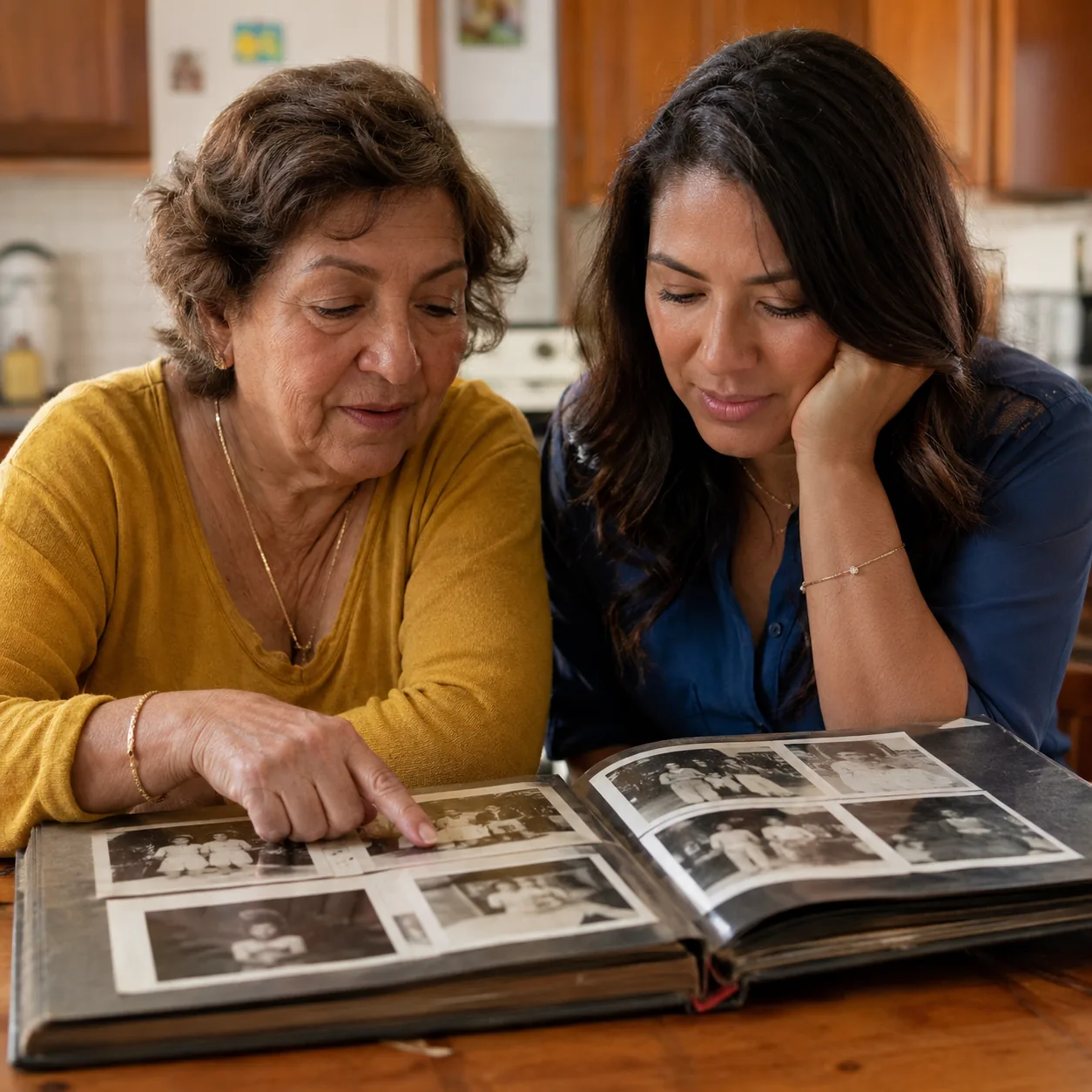 Realistic editorial photo of an older Latina woman showing an adult grandchild a black-and-white family photo album at a