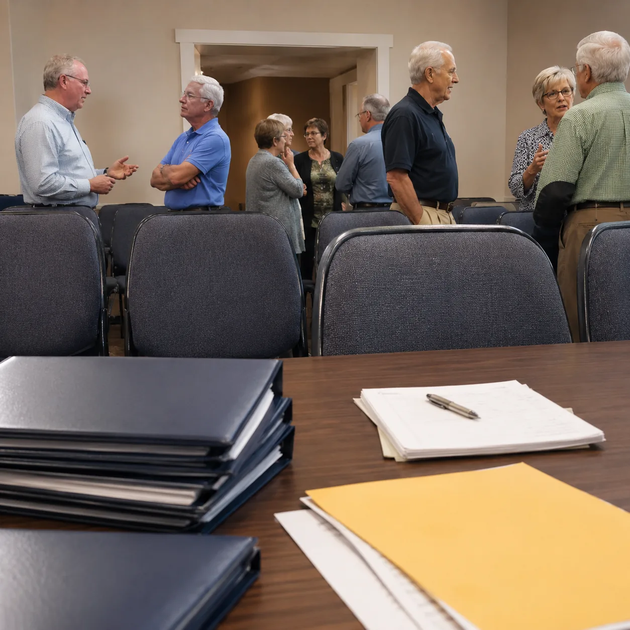 Realistic editorial photo of community board meeting folders, empty chairs, and older residents talking quietly after a