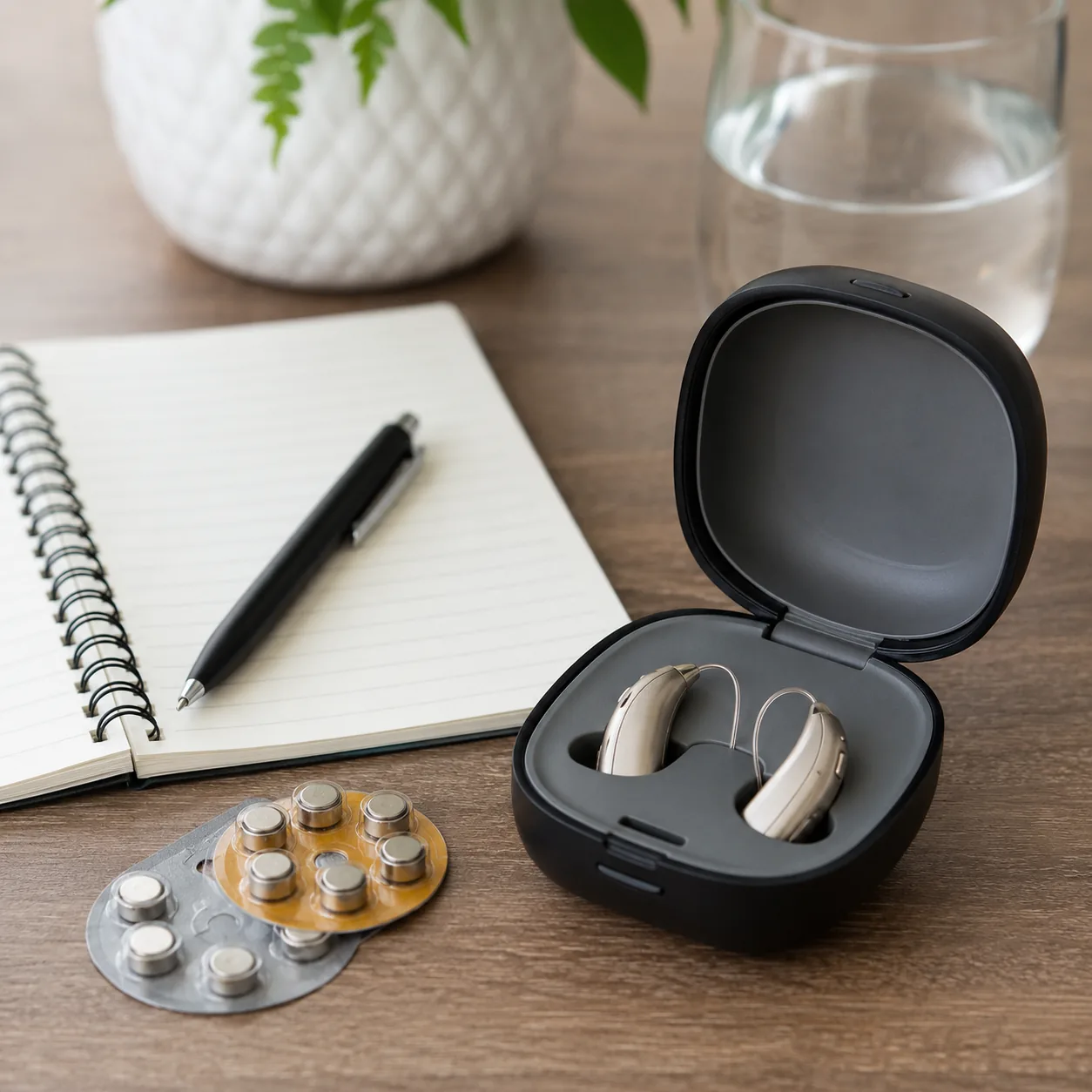 Realistic editorial photo of hearing devices in an open case beside appointment notes and batteries, practical consumer