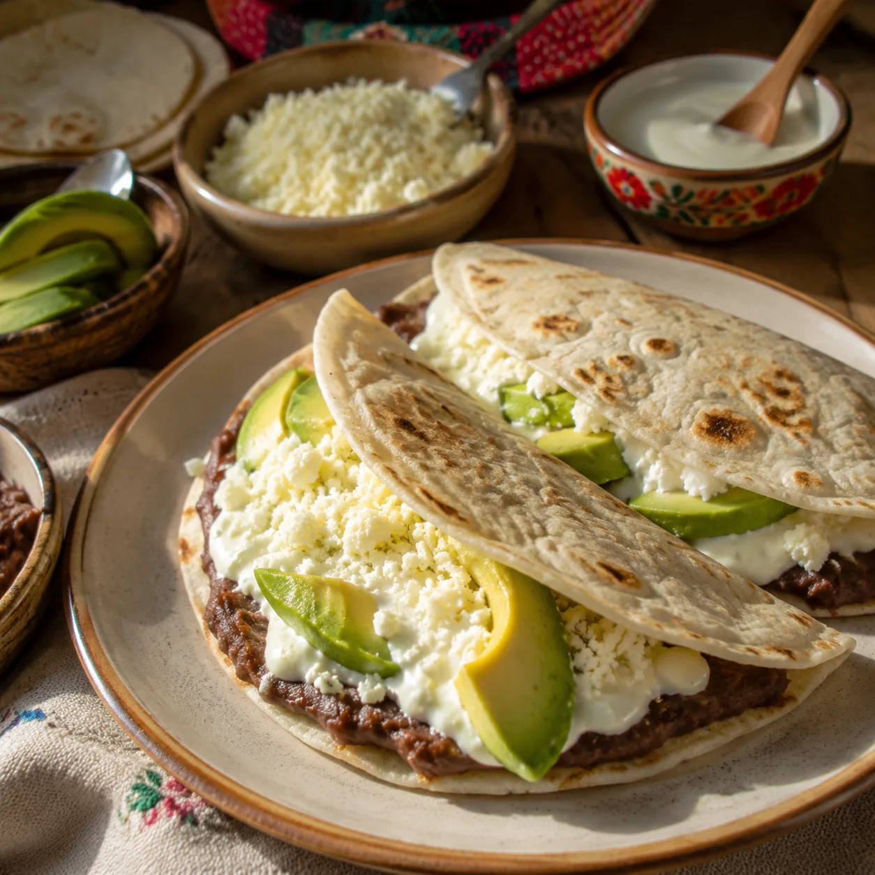 Realistic editorial photo of Honduran baleadas with flour tortillas, refried beans, crema, cheese, and avocado on a kitc