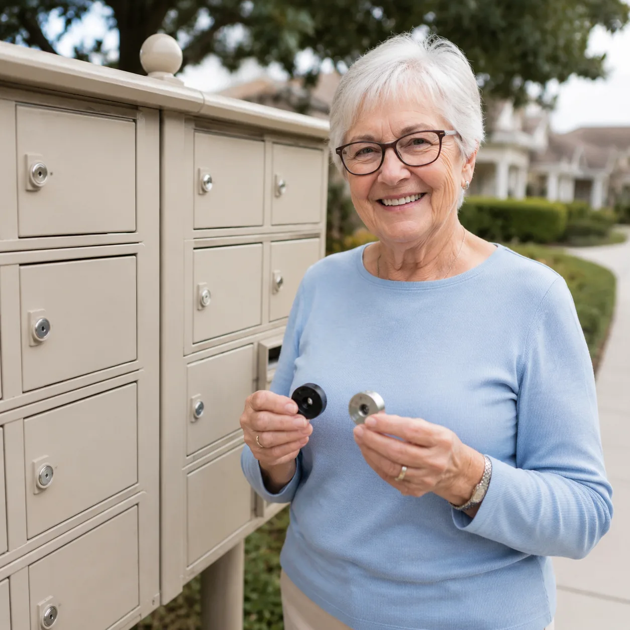 Realistic editorial photo of matching retirement community mailboxes and an older resident holding replacement hardware