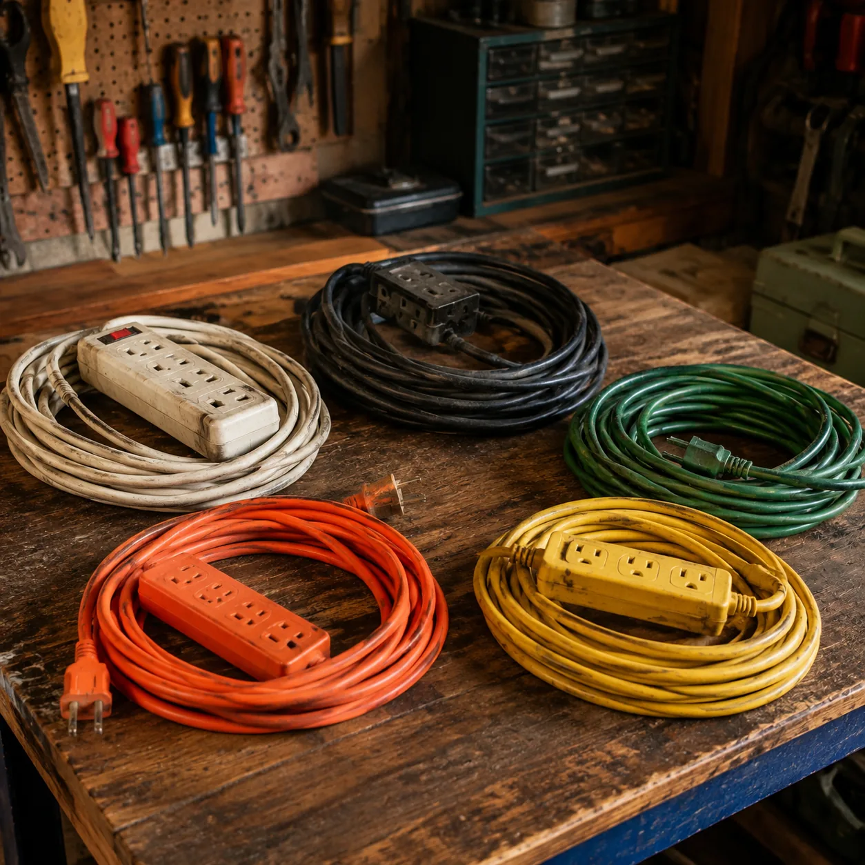 Realistic editorial photo of old extension cords and power strips tested and coiled neatly on a garage workbench, warm n
