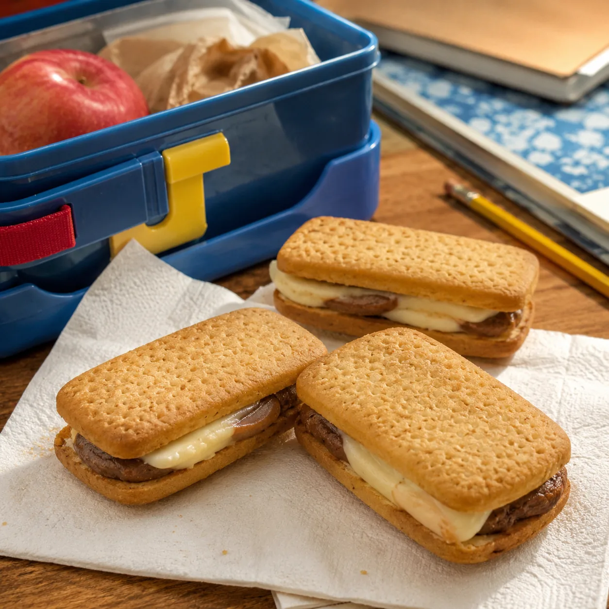 Realistic editorial photo of sandwich cookies with two-tone filling on a napkin beside a school lunchbox, practical 1980