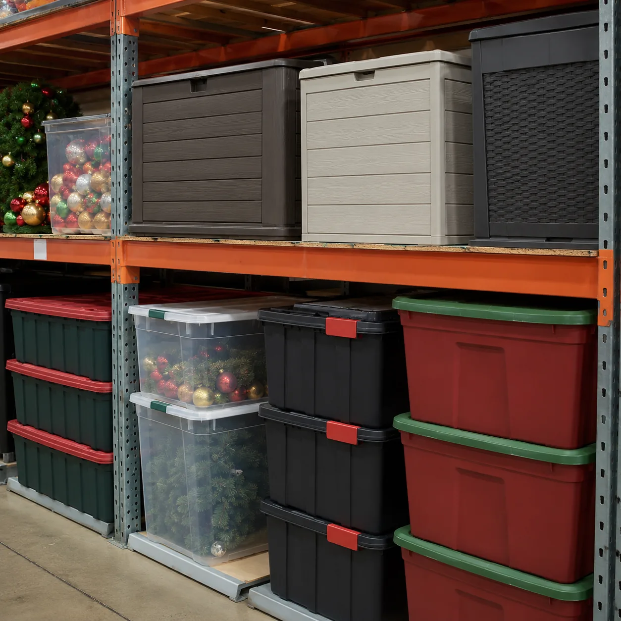 Realistic editorial photo of seasonal patio boxes and holiday storage bins on warehouse shelves without visible branding