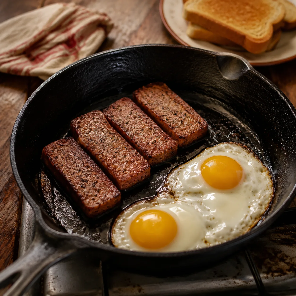 Realistic editorial photo of sliced scrapple frying beside eggs in a cast iron skillet, practical old-fashioned breakfas