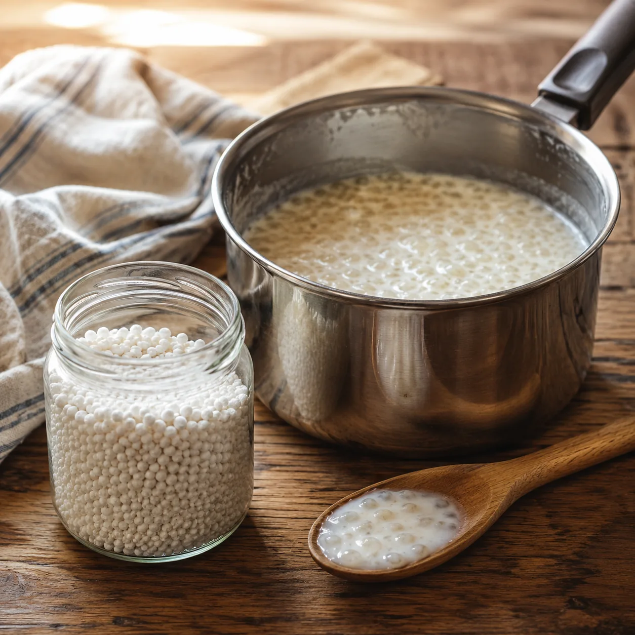 Realistic editorial photo of tapioca pearls in a small pantry jar beside a saucepan of pudding and a wooden spoon, pract