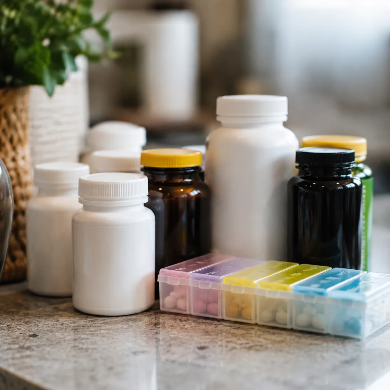 Realistic editorial photo of vitamin bottles, expiration dates turned away, and a weekly pill organizer on a counter, pr