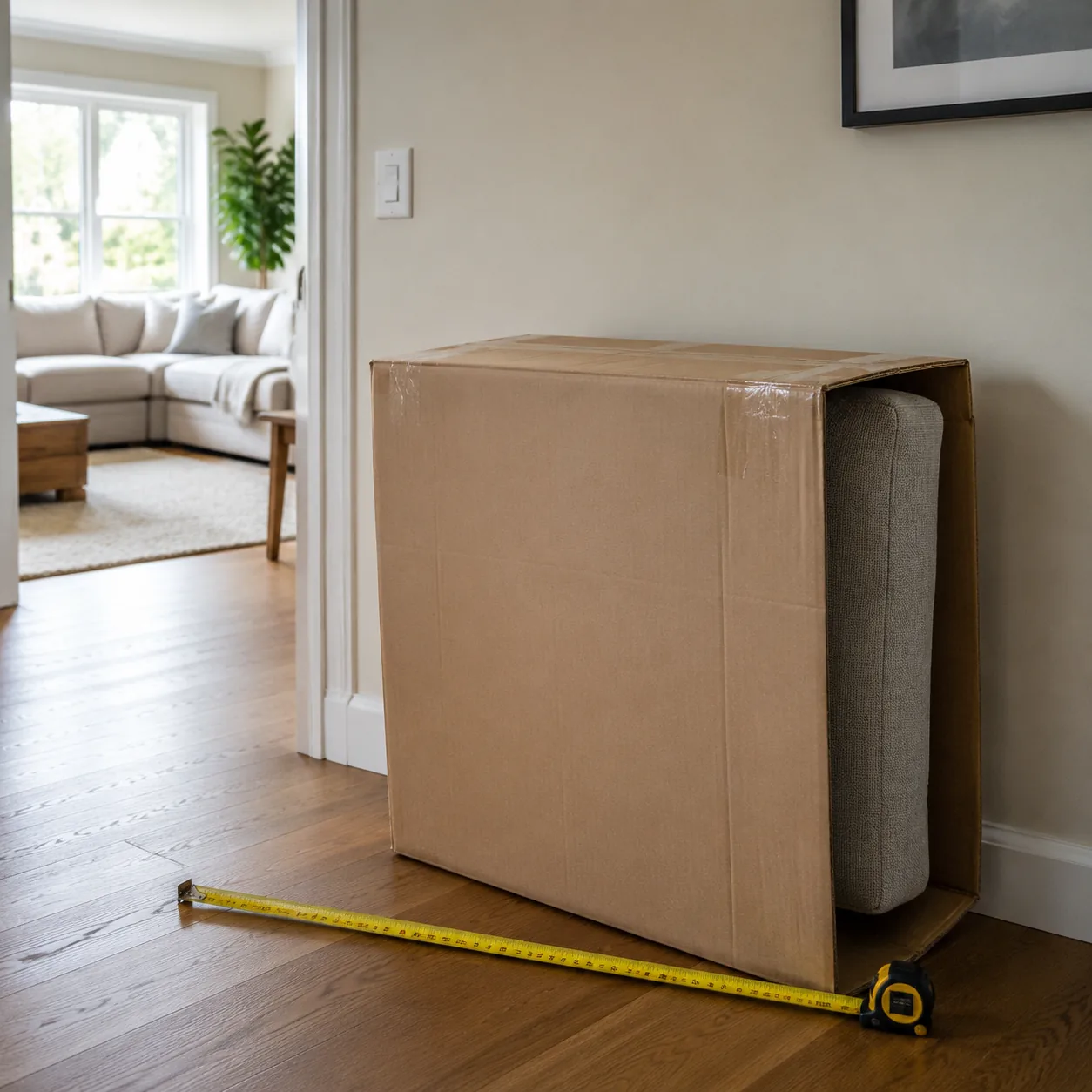 Realistic editorial photo of a boxed sofa section near a living room doorway with measuring tape, practical home buying