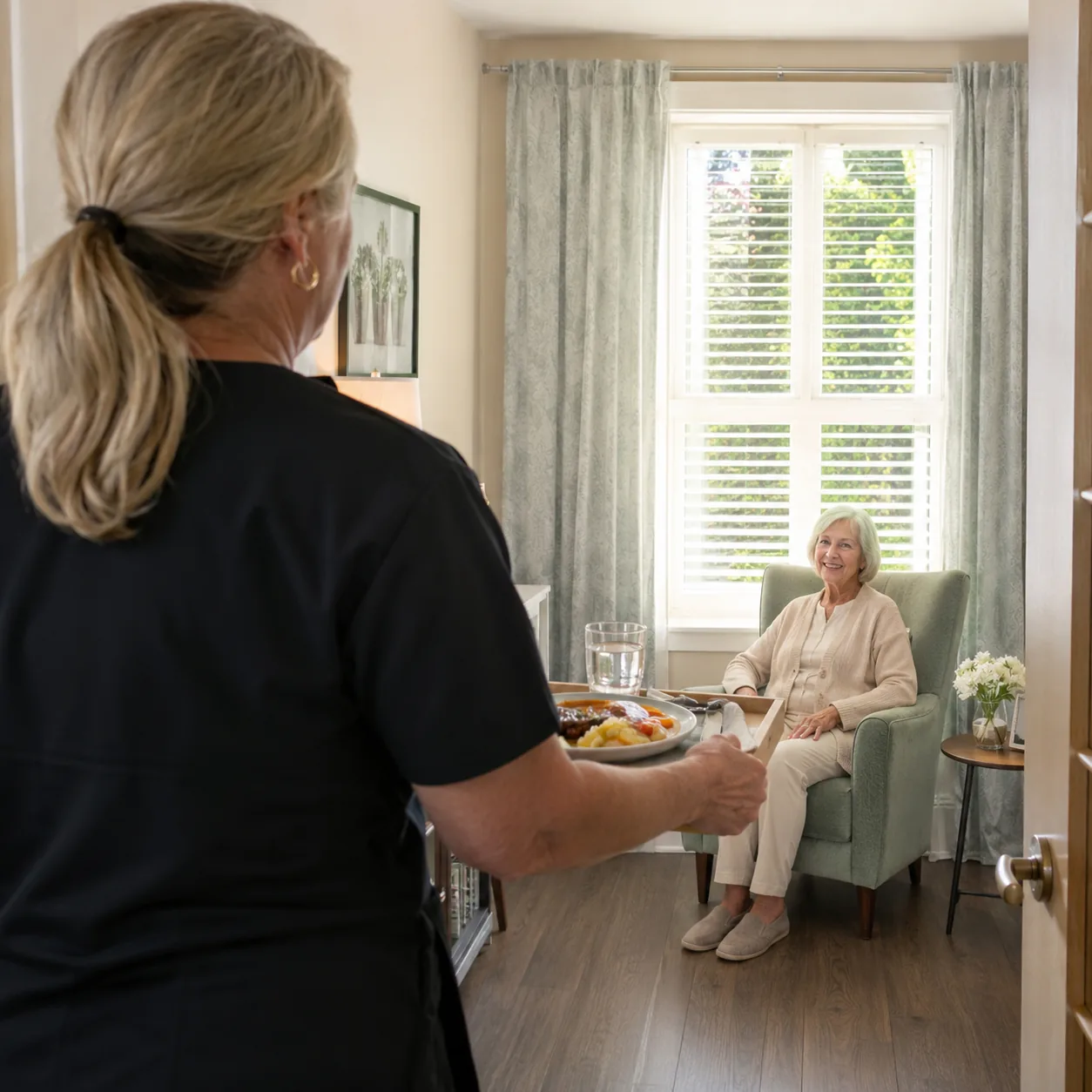 Realistic editorial photo of a caregiver delivering a tray to an assisted living apartment while an older resident sits