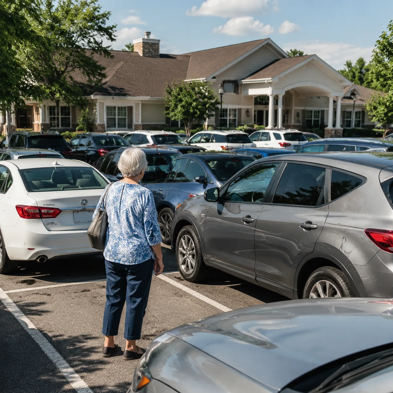 Realistic editorial photo of a full guest parking area near a retirement community clubhouse with an older resident look