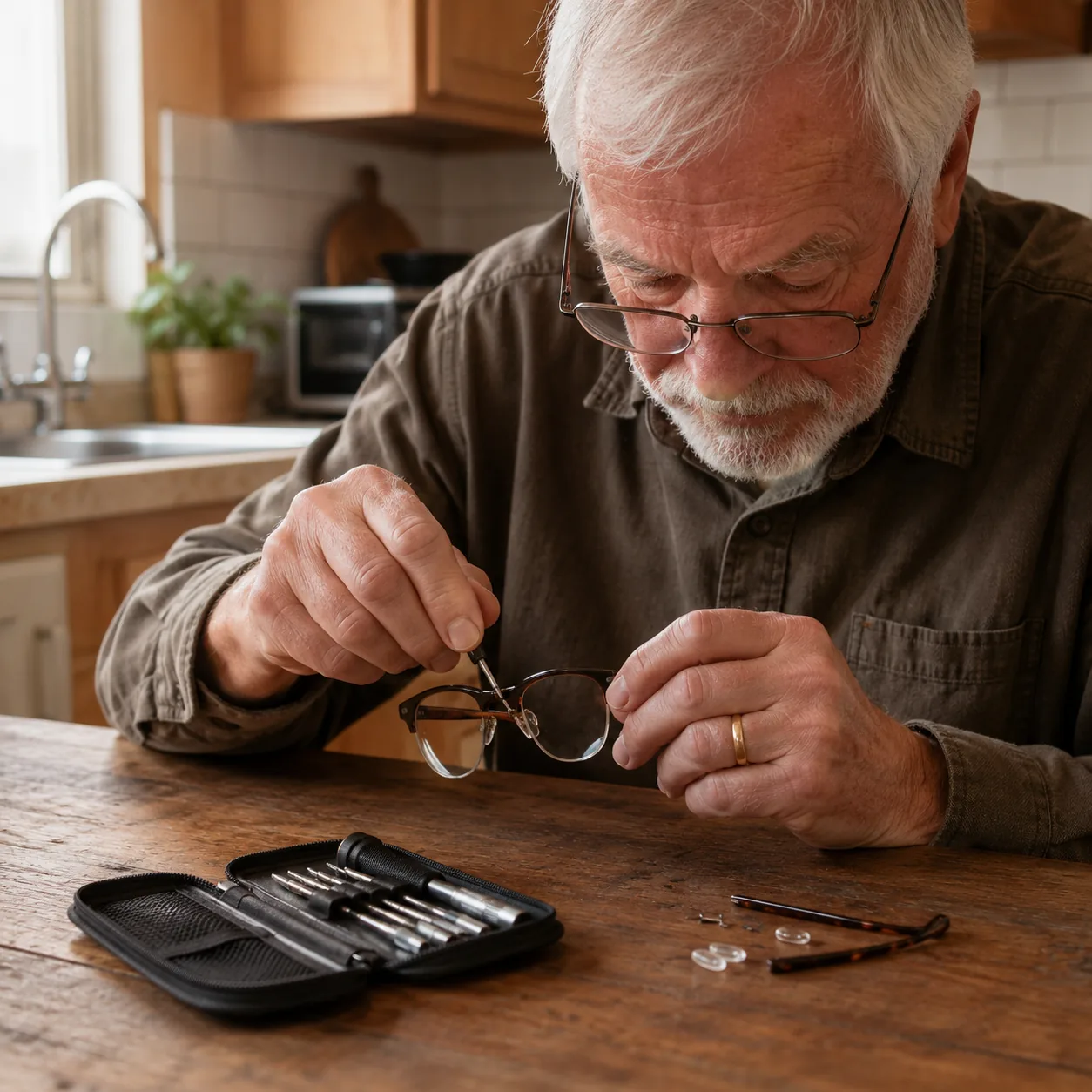 Realistic editorial photo of a grandfather tightening a tiny eyeglass screw on a kitchen table with a small repair kit, 