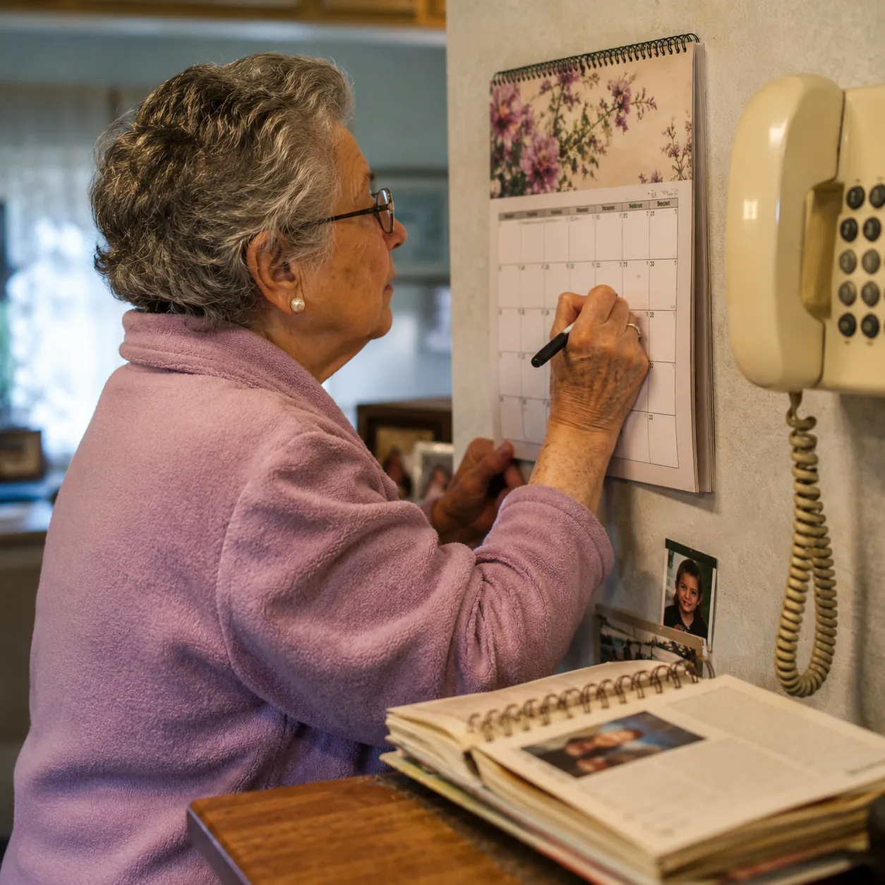 Realistic editorial photo of a grandmother marking birthdays on a wall calendar beside a kitchen phone and address book,