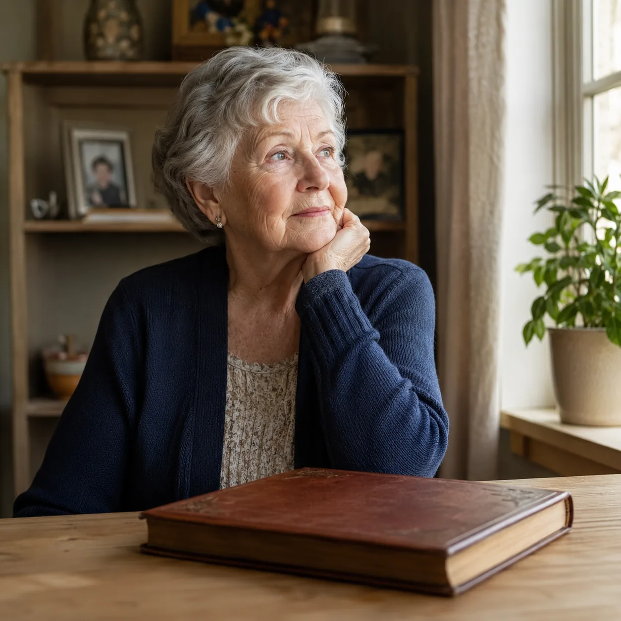 Realistic editorial photo of a grandparent looking thoughtful beside a closed family photo album, warm natural light, pr