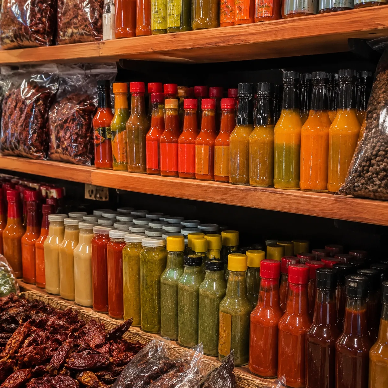 Realistic editorial photo of a hot sauce shelf with many colorful bottles, dried peppers, and cooking sauces in a Latino