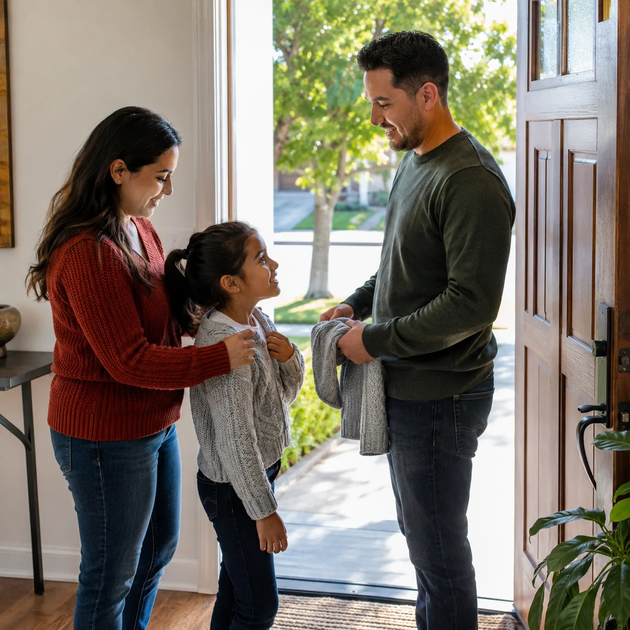 Realistic editorial photo of a Latino family by the front door with a sweater ready despite sunny weather outside, warm