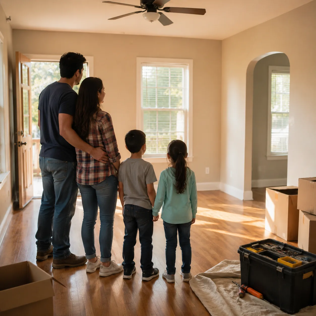 Realistic editorial photo of a Latino family looking at an empty living room with moving boxes and repair tools, warm af