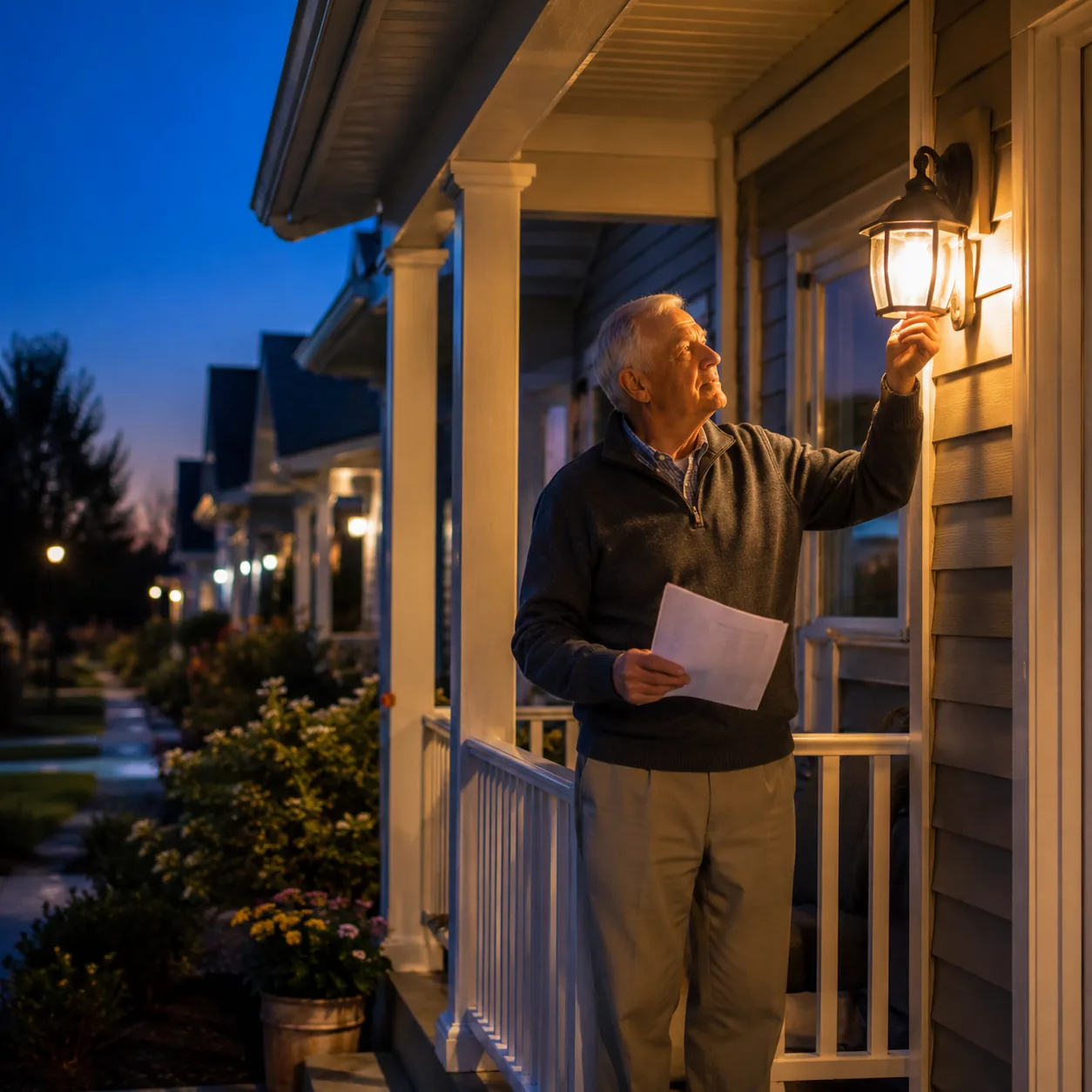 Realistic editorial photo of a retirement community front porch at dusk with warm exterior lights and an older homeowner