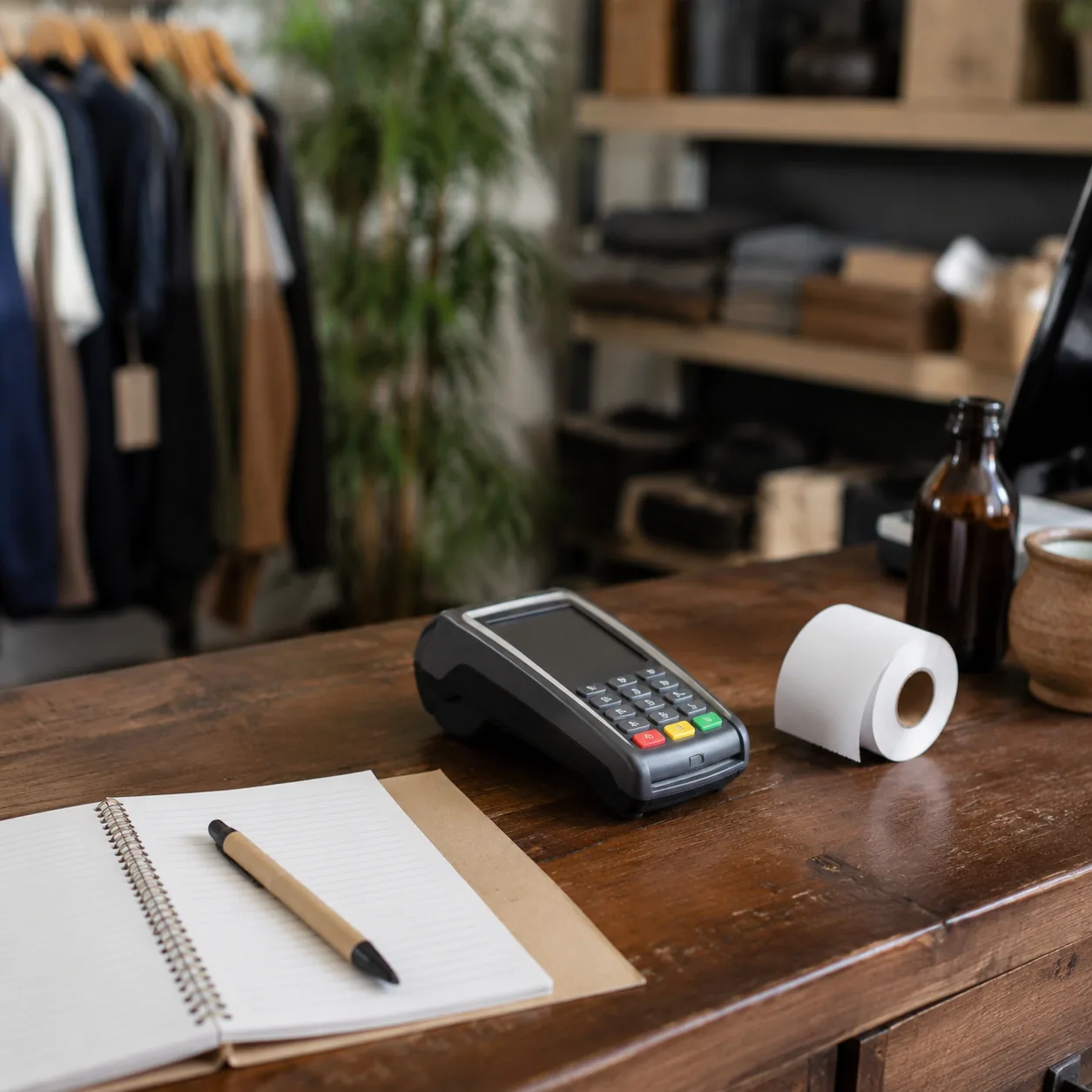 Realistic editorial photo of a small checkout counter with a card reader, receipt roll, and notebook, practical small bu