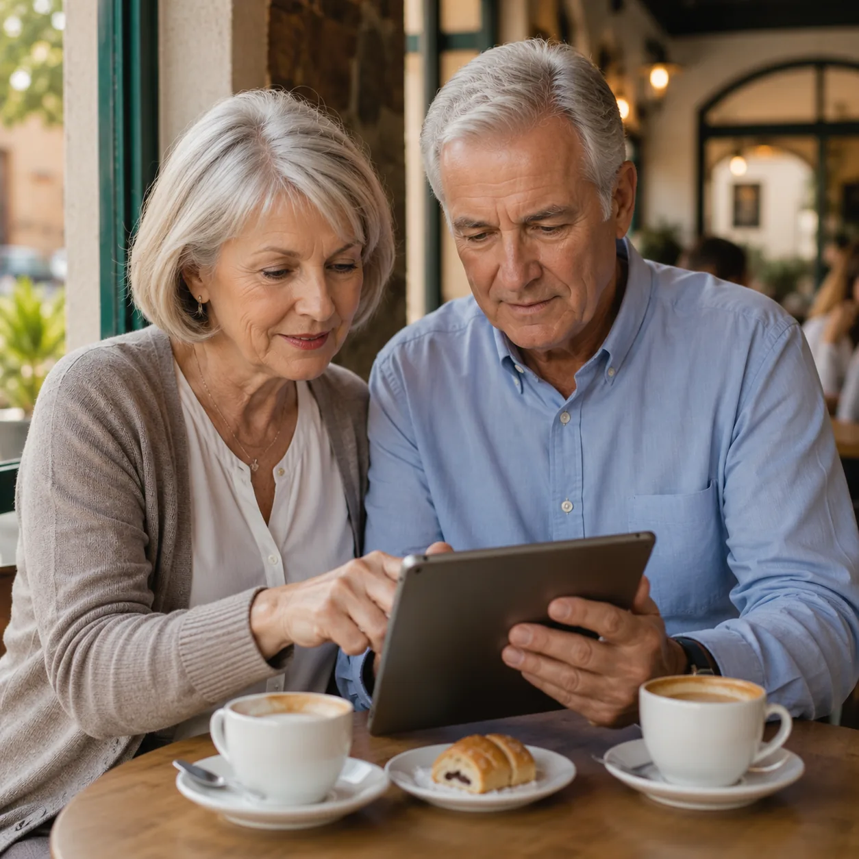 Realistic editorial photo of an older couple comparing small apartment and condo listings on a tablet in a retirement to