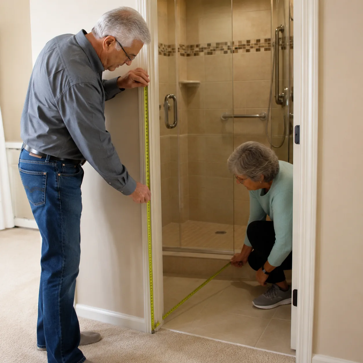 Realistic editorial photo of an older couple measuring a bathroom doorway and step-in shower in a retirement community h