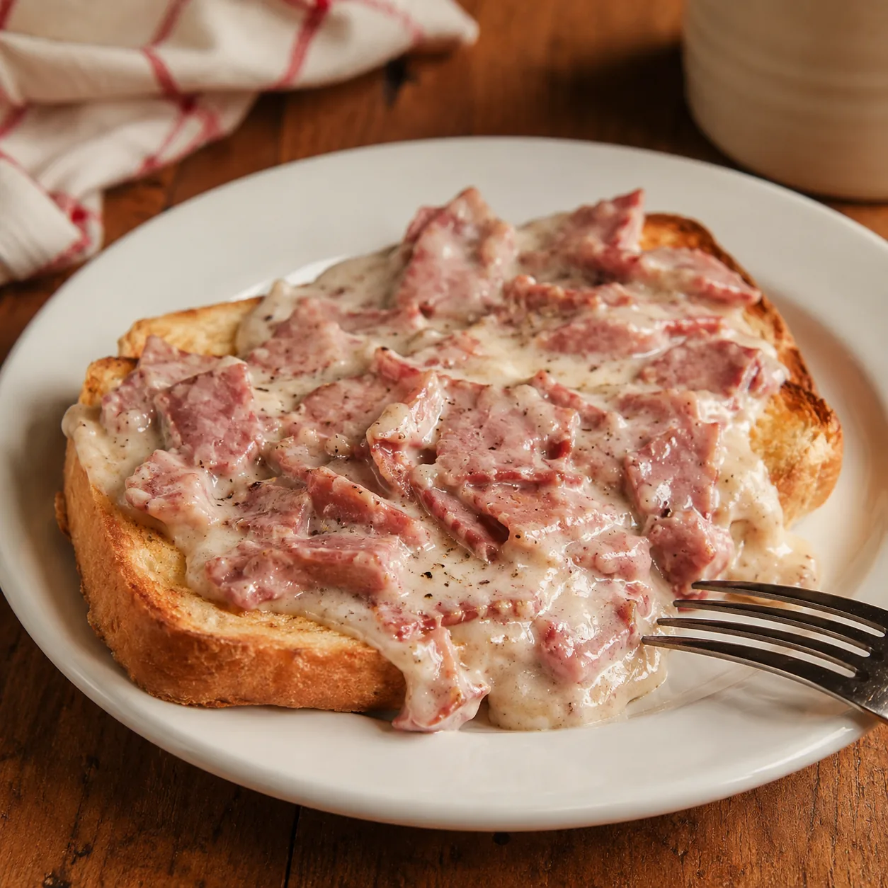 Realistic editorial photo of creamed chipped beef on toast on a plain dinner plate with a fork nearby, practical retro s