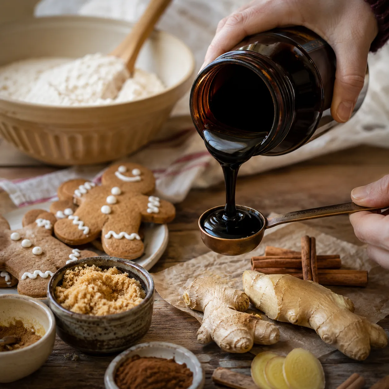 Realistic editorial photo of dark molasses being poured from a jar into a measuring spoon beside gingerbread ingredients