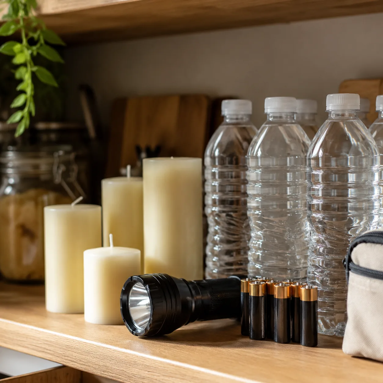 Realistic editorial photo of emergency candles, flashlight, bottled water, and batteries arranged on a kitchen shelf, wa