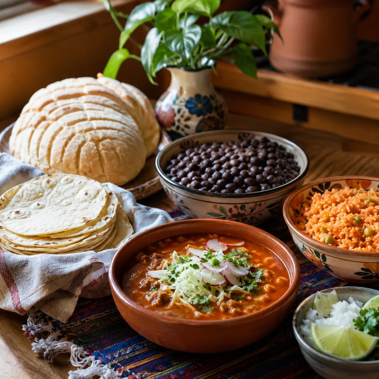 Realistic editorial photo of familiar Latino comfort foods served family style on a kitchen table, rice beans tortillas