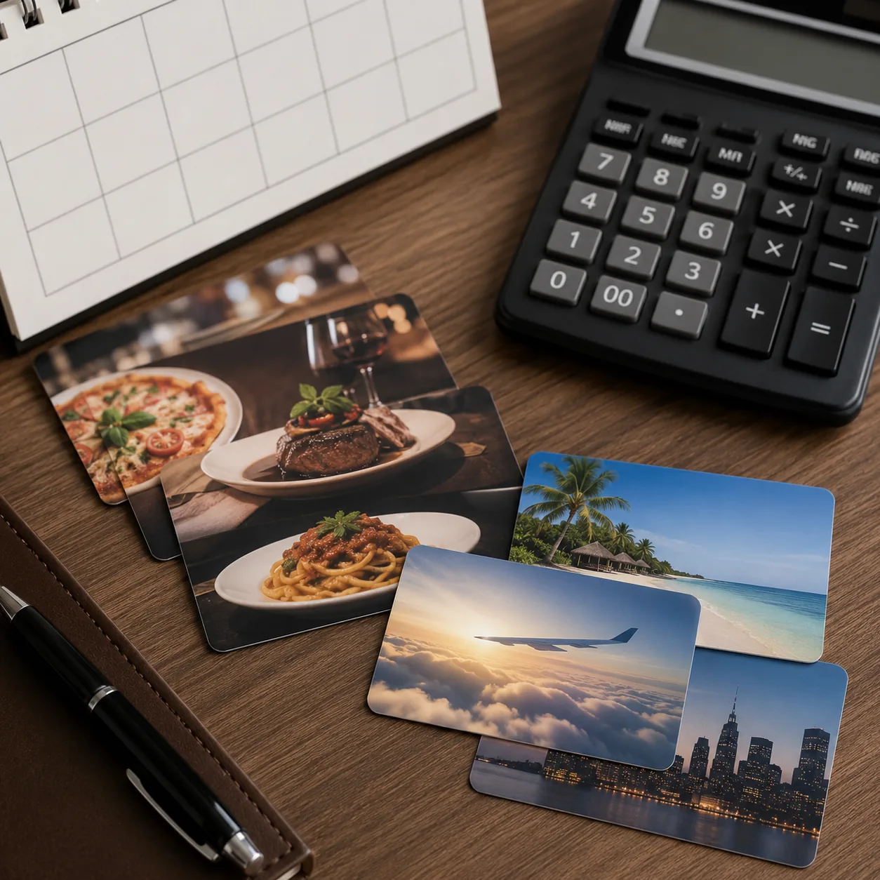 Realistic editorial photo of generic restaurant and travel gift cards beside a calculator and calendar, practical saving