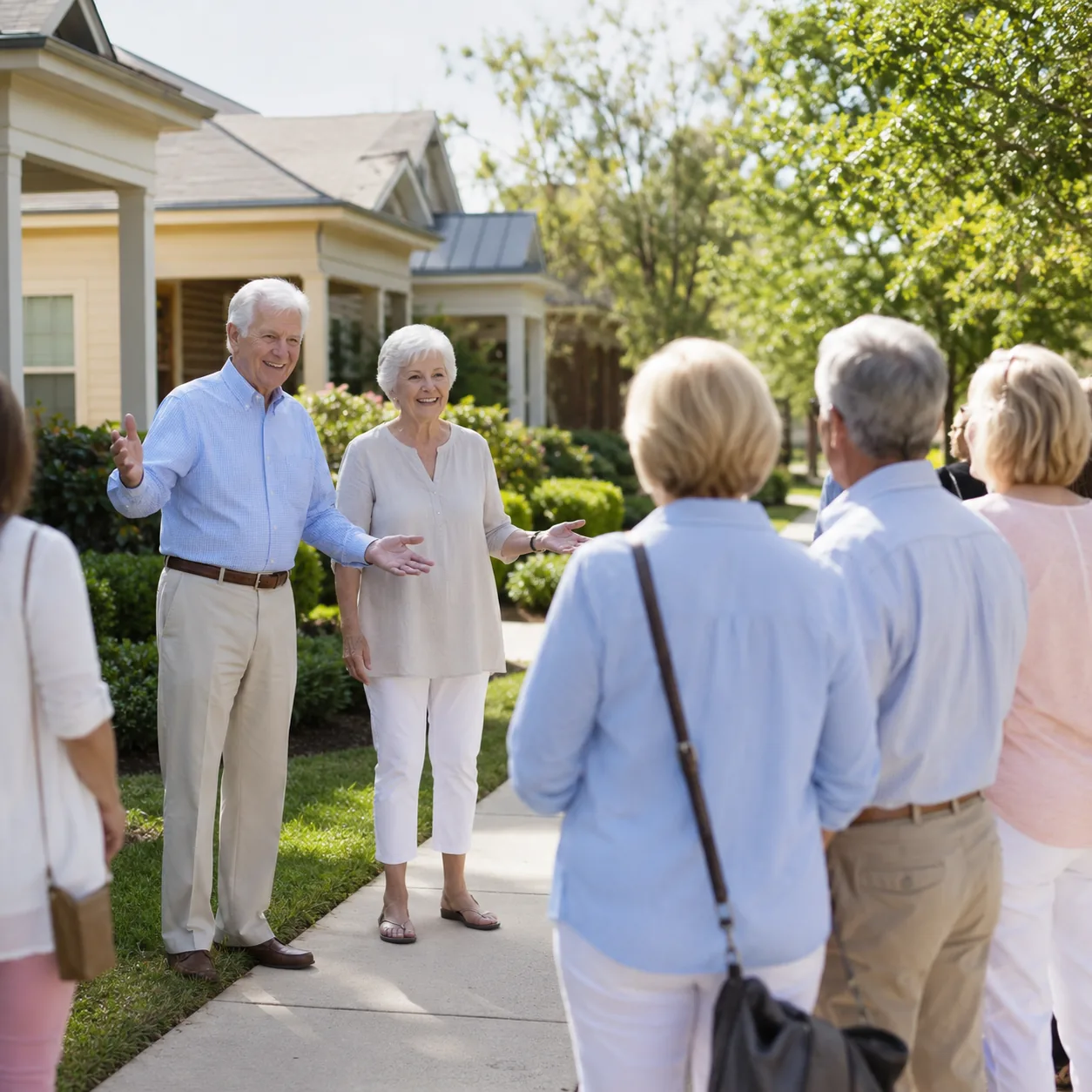 Realistic editorial photo of older neighbors greeting a tour group on a sunny retirement community sidewalk, practical c