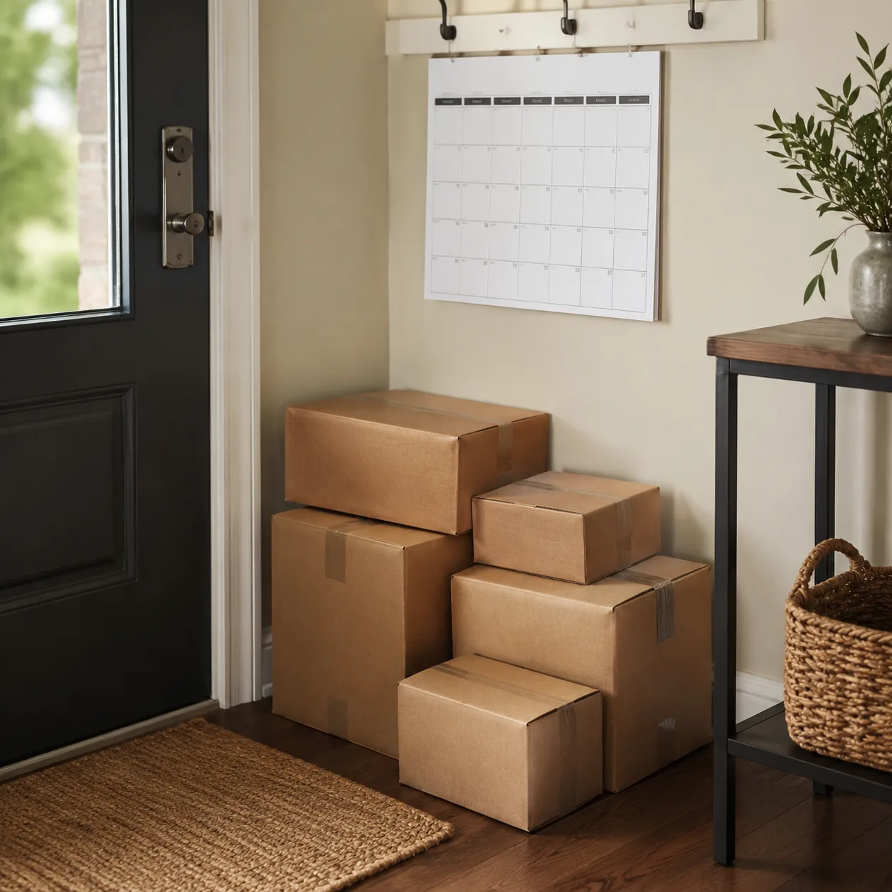 Realistic editorial photo of several delivery boxes grouped neatly by a front door with a calendar nearby, practical hou