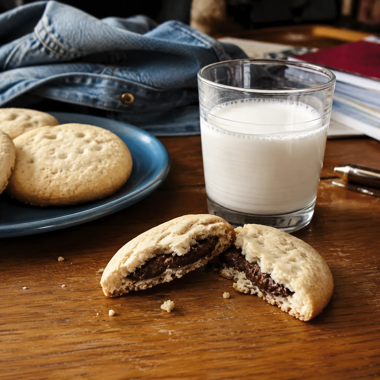 Realistic editorial photo of shortbread cookies broken open to show a chocolate-filled center beside a glass of milk, pr