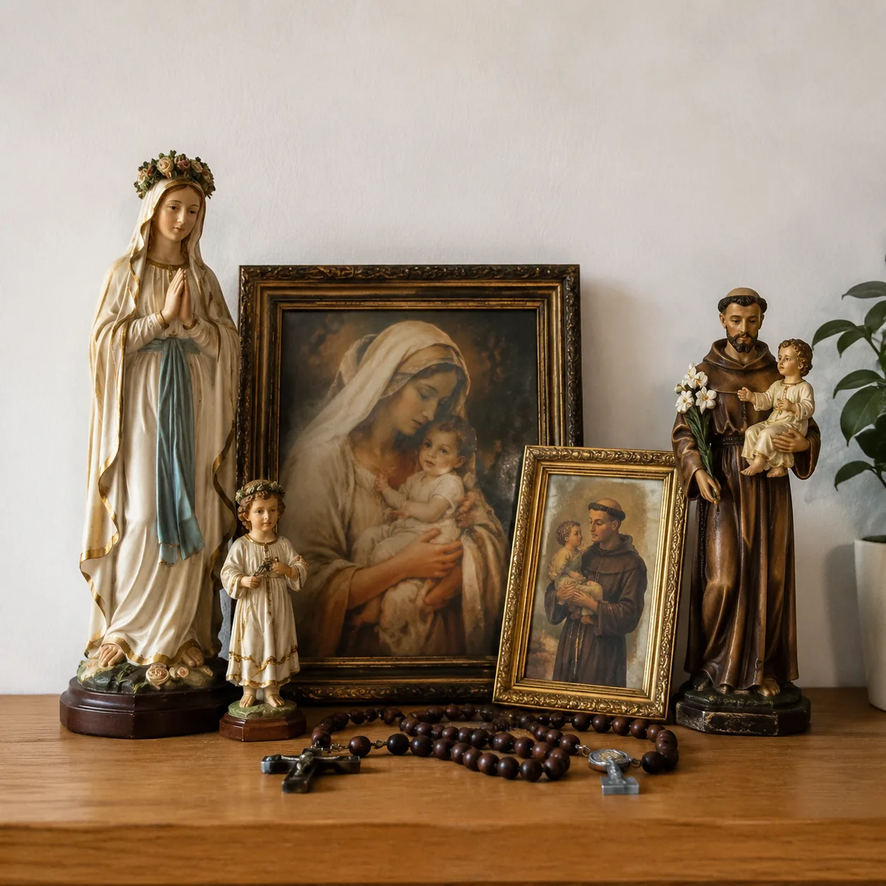 Realistic editorial photo of small religious statues, rosaries, and framed devotional art on a clean wooden shelf, soft