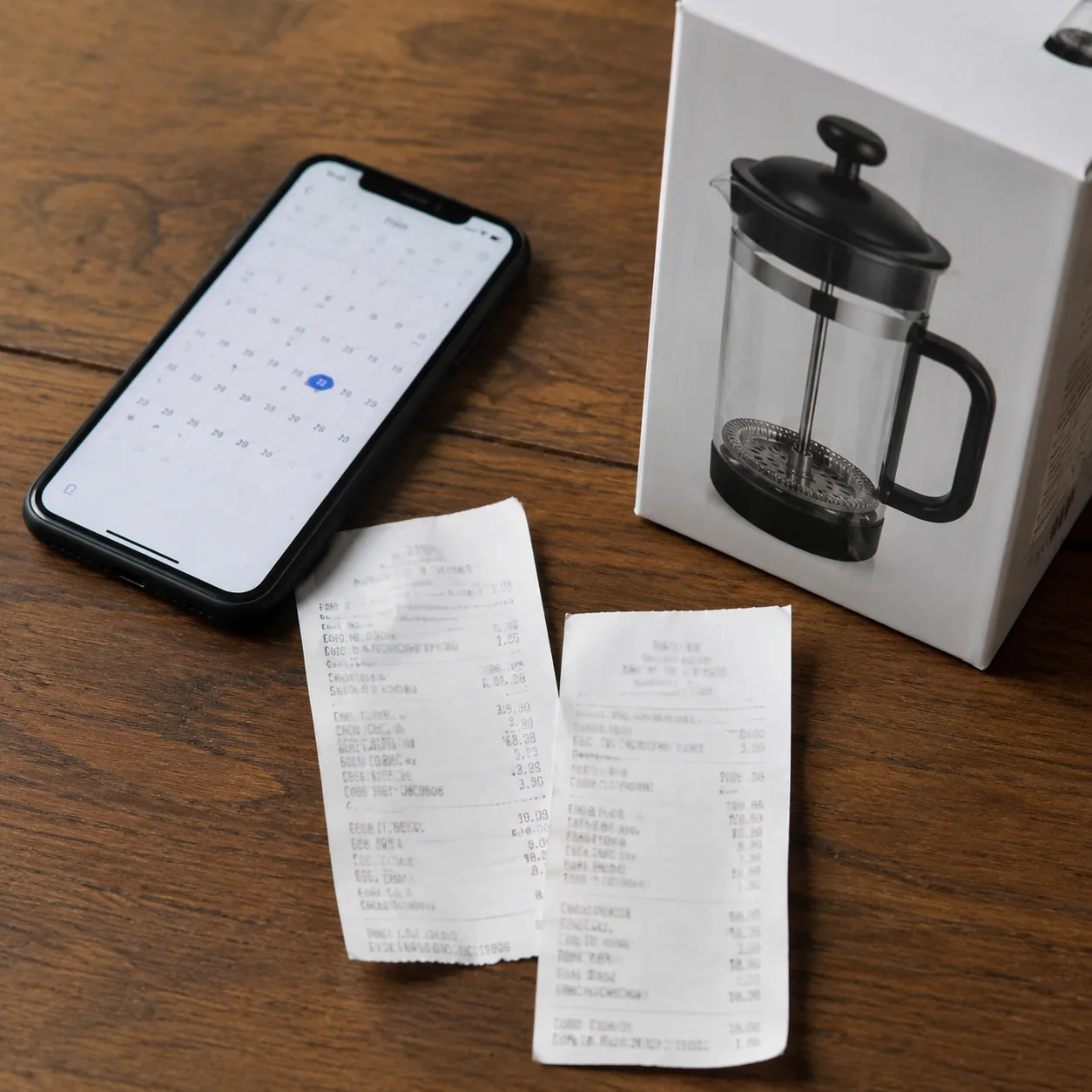Realistic editorial photo of two receipts, a phone calendar, and a boxed household item on a table, practical consumer g