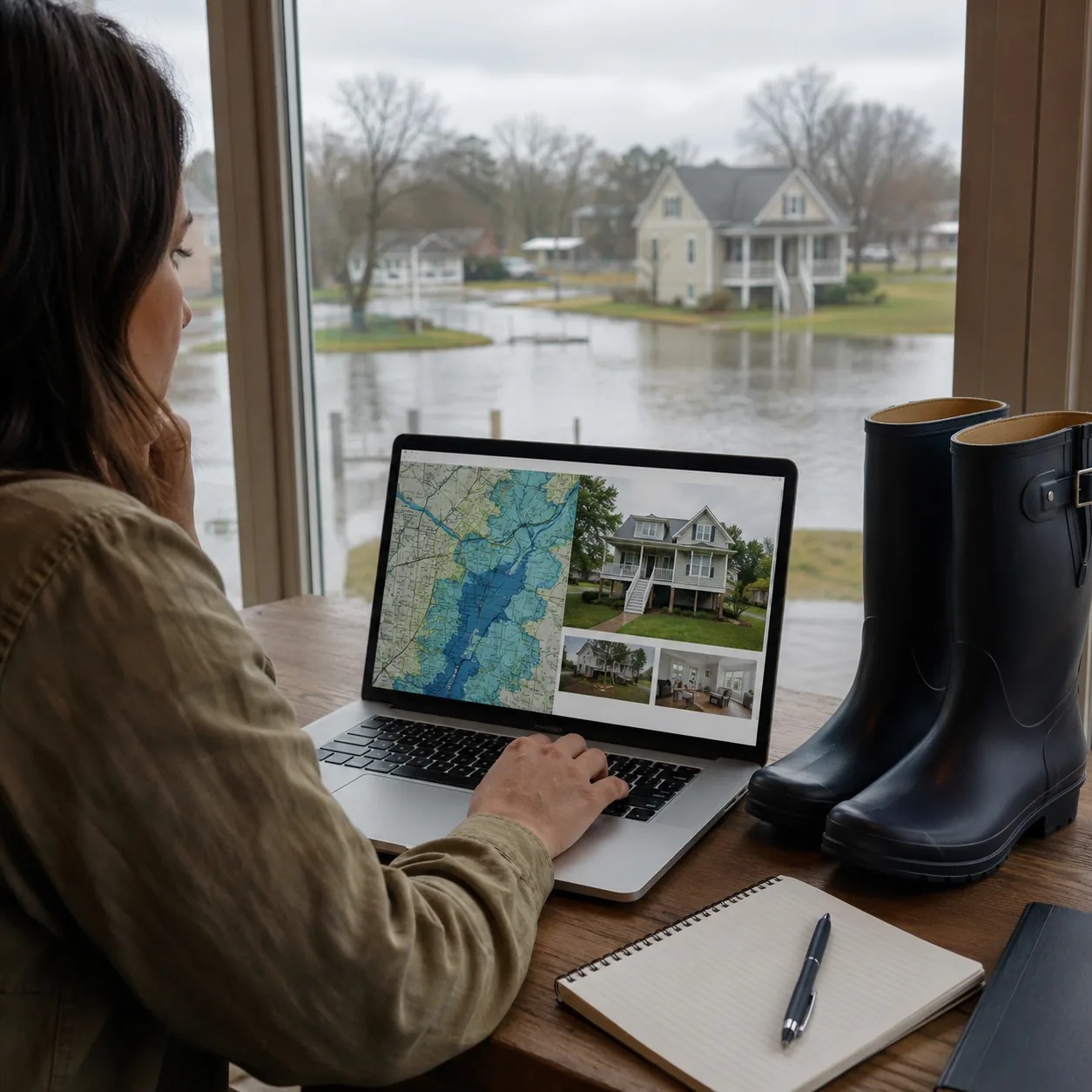Realistic editorial photo of a buyer reviewing flood zone map and home listing on a laptop beside rain boots, overcast d
