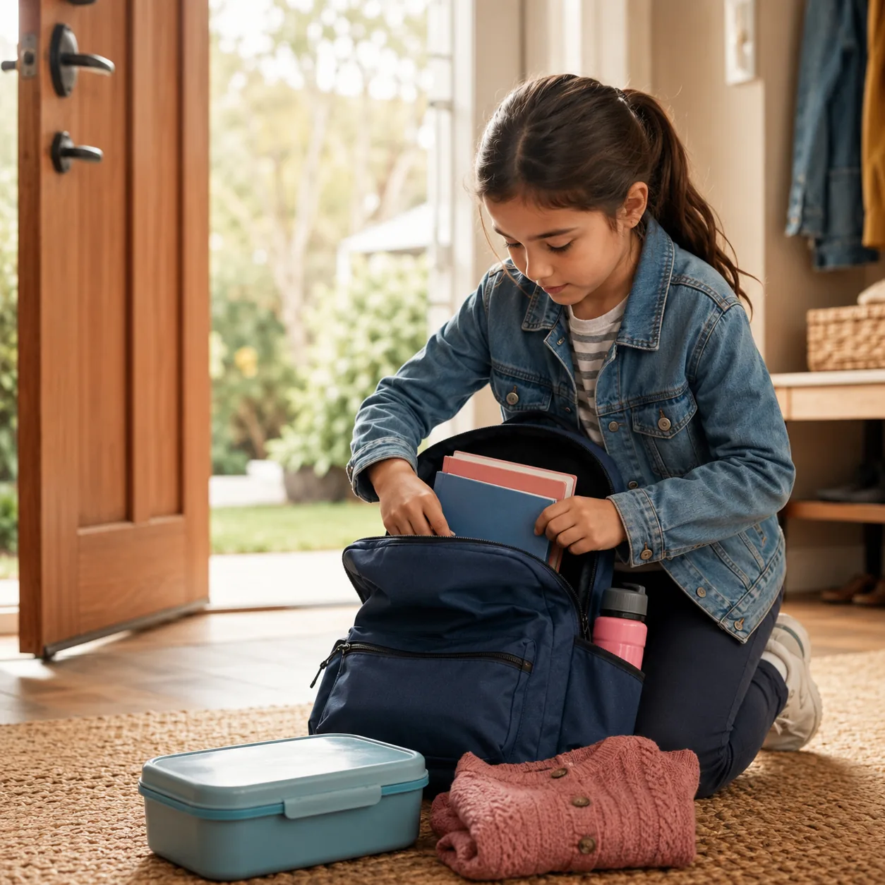 Realistic editorial photo of a child packing a school bag with books, lunchbox, and sweater near a front door, warm natu