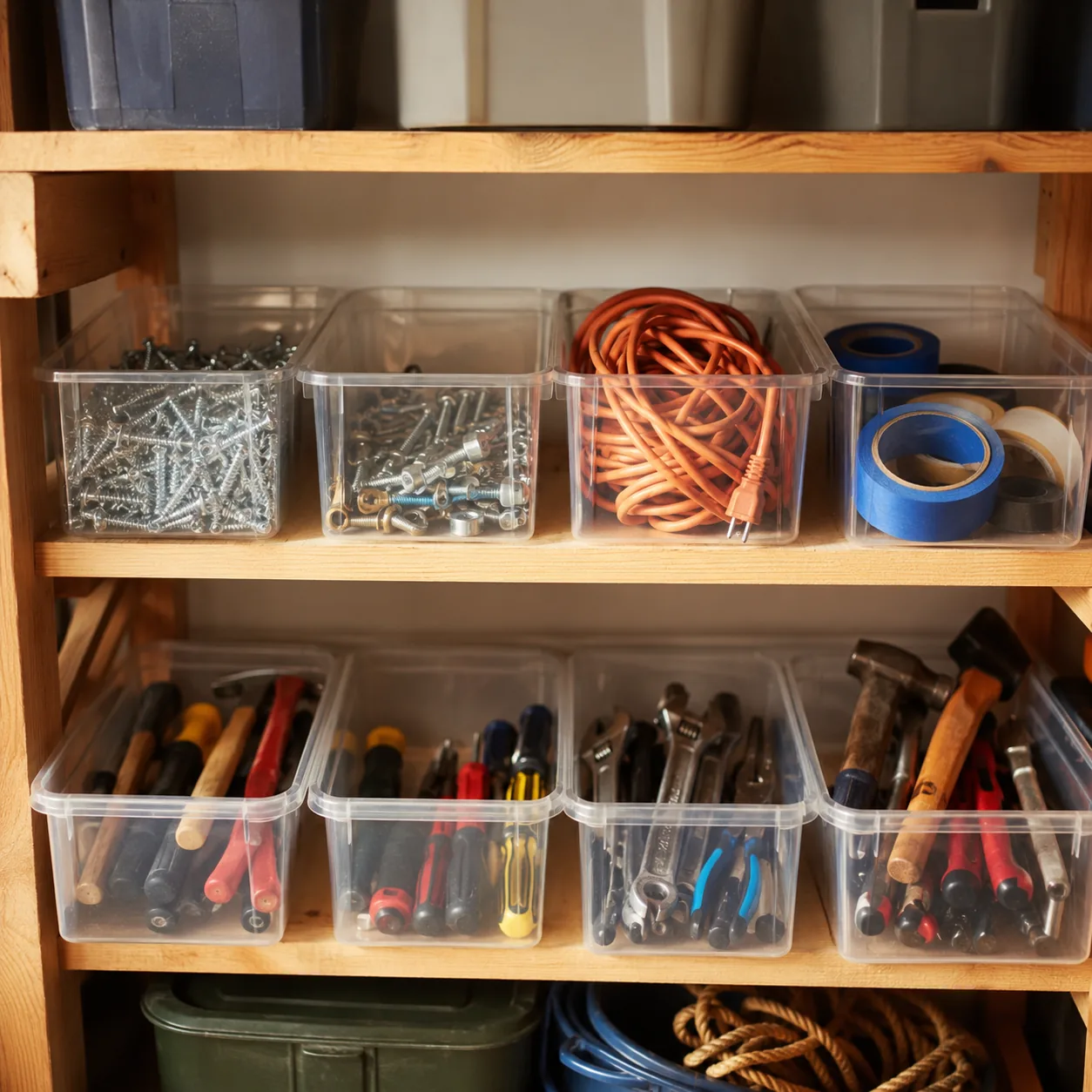 Realistic editorial photo of a garage shelf with spare screws, extension cord, tape, and basic tools sorted in clear bin