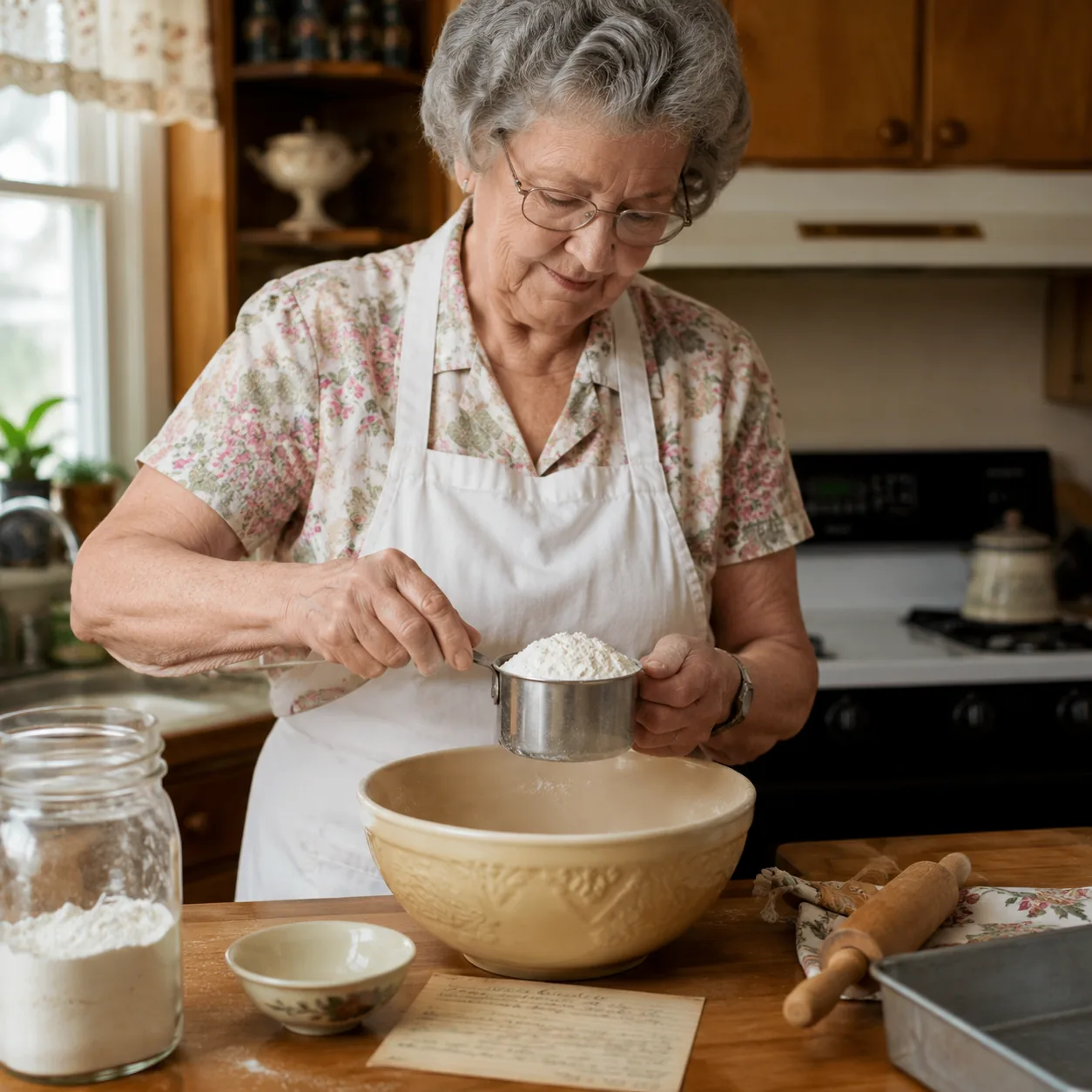 Realistic editorial photo of a grandparent measuring flour beside a handwritten recipe card and mixing bowl, warm natura