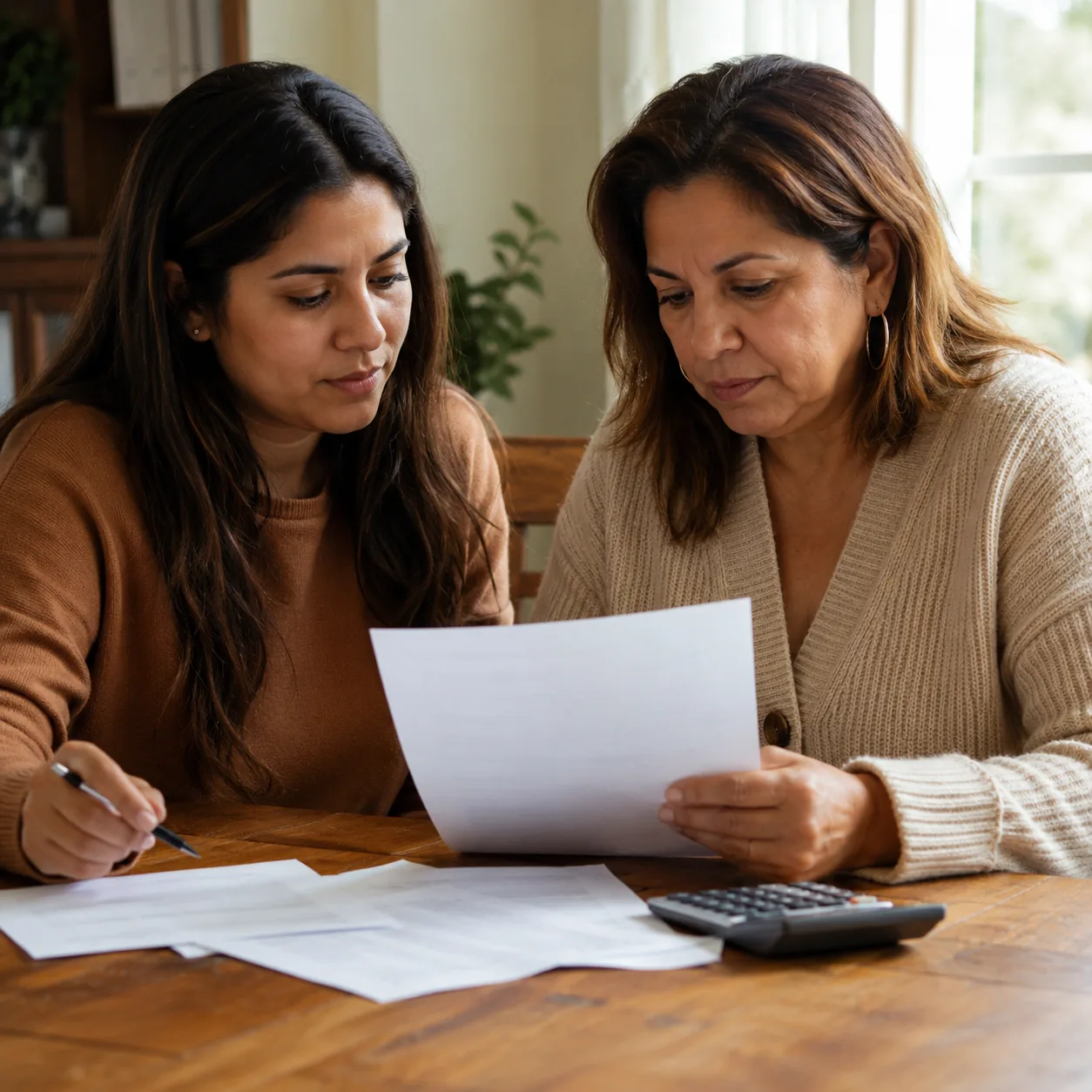 Realistic editorial photo of a Latina mother reviewing paperwork with an adult child at a dining table, calculator and p