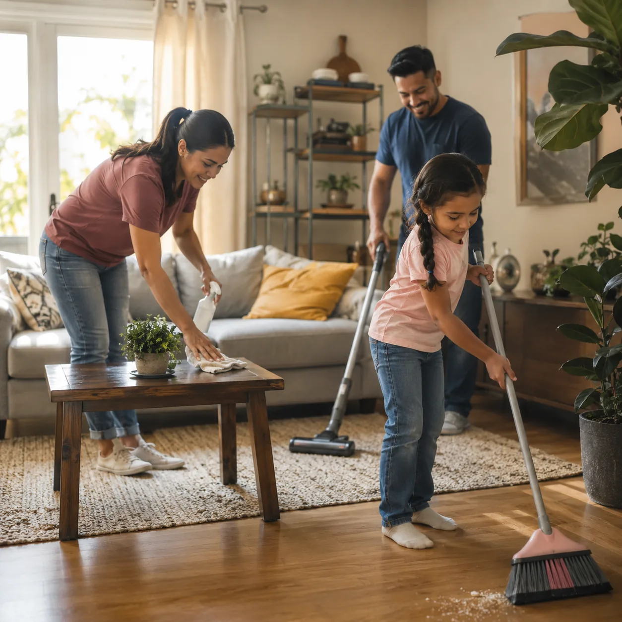 Realistic editorial photo of a Latino family cleaning together on a Saturday morning with music playing in the living ro
