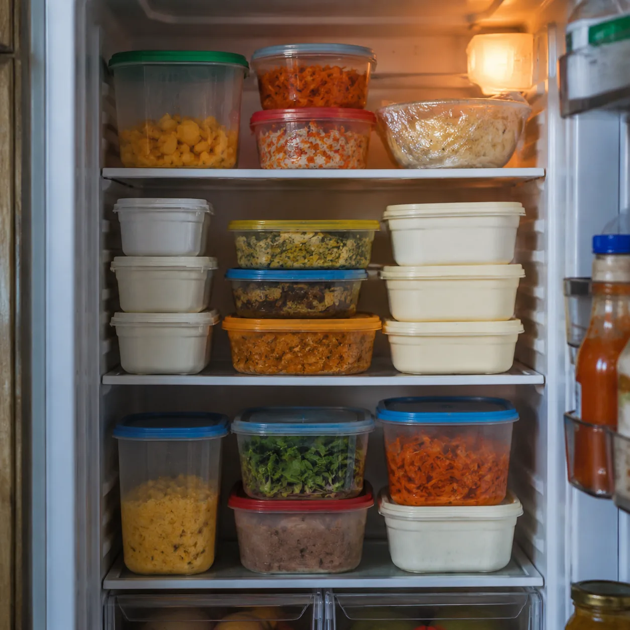 Realistic editorial photo of a Latino family refrigerator with reused butter tubs and food containers neatly stacked, wa