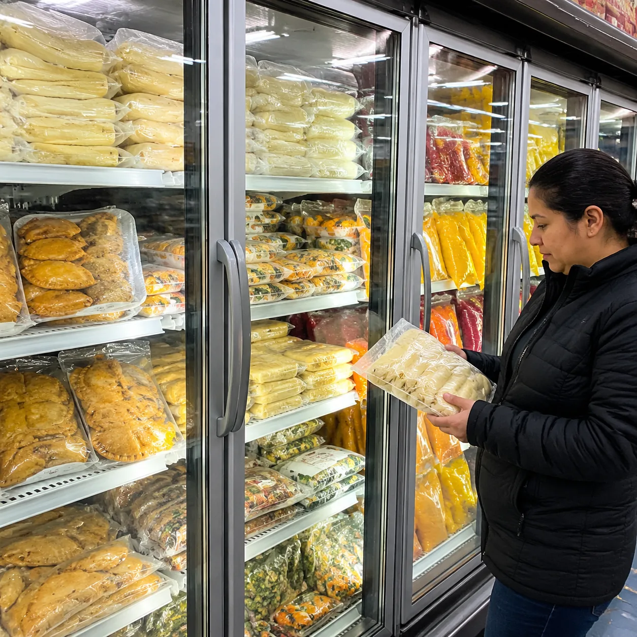 Realistic editorial photo of a Latino supermarket freezer aisle with frozen tamales, empanadas, tropical fruit pulp, and