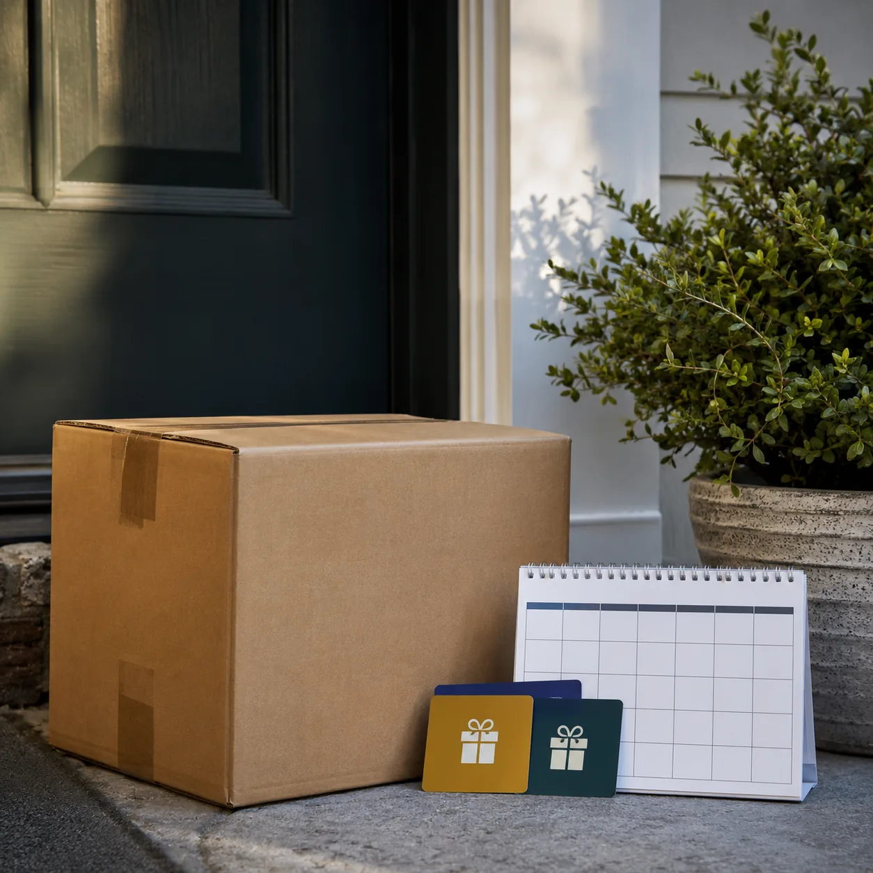 Realistic editorial photo of a package by a front door beside a calendar and small digital gift card shapes without text