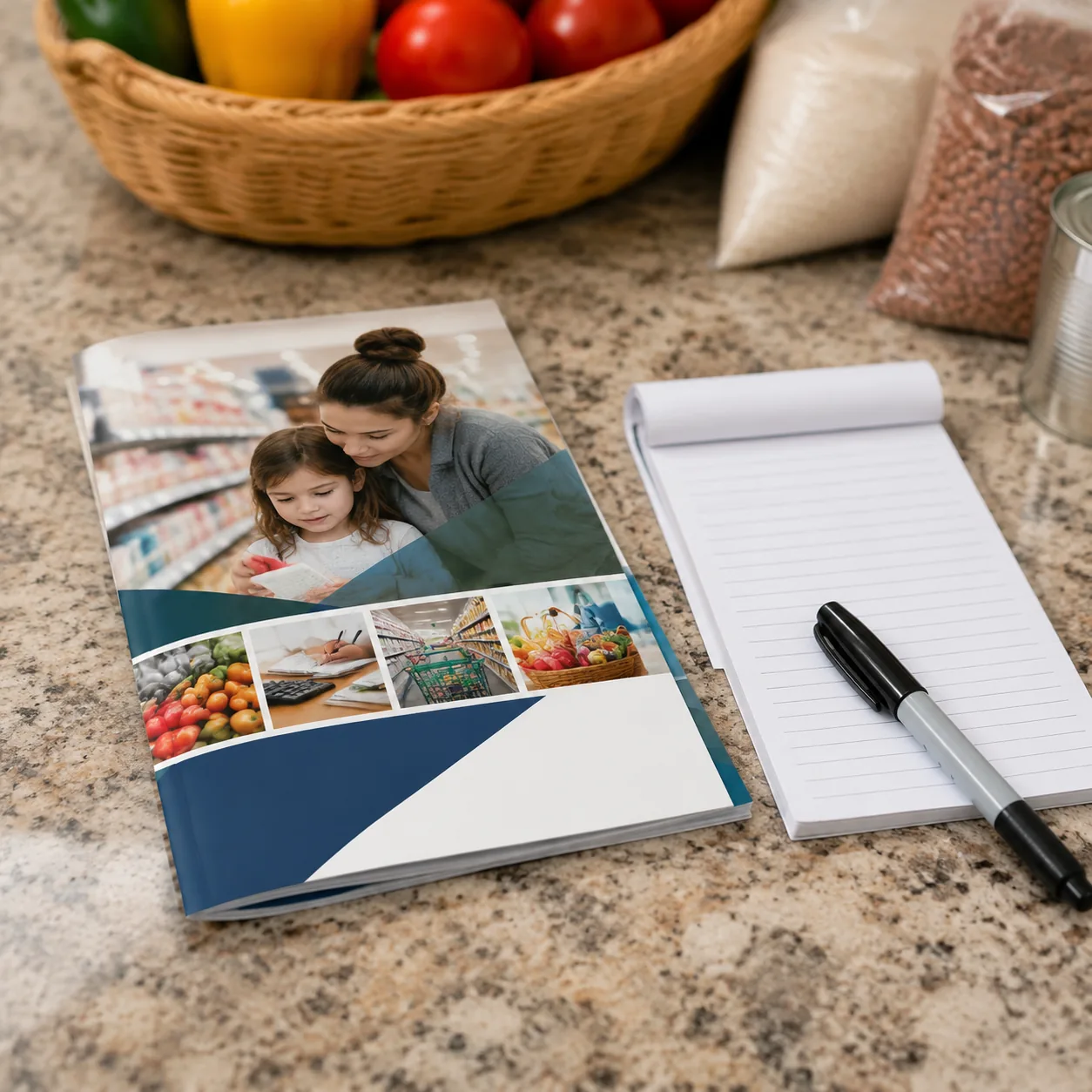 Realistic editorial photo of a printed savings booklet, grocery list, and marker on a counter with no readable text, pra