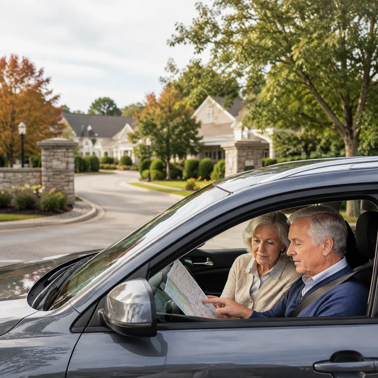 Realistic editorial photo of a quiet retirement community entrance on the edge of town with an older couple checking a m