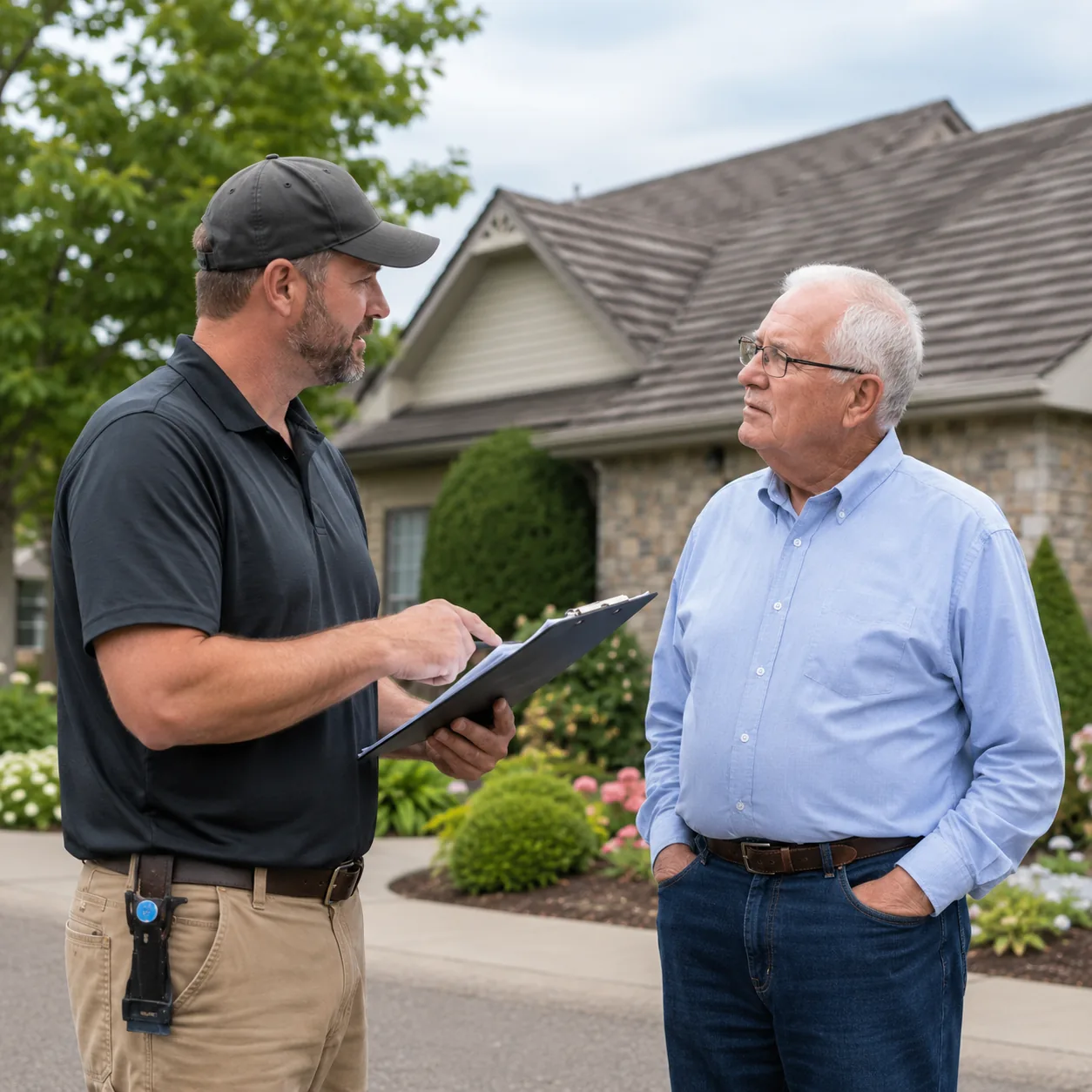 Realistic editorial photo of a roofing contractor speaking with an older homeowner outside a retirement community home,
