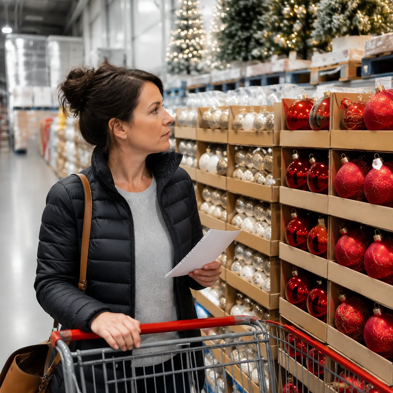Realistic editorial photo of a shopper looking at a seasonal warehouse display with a grocery list in hand, practical co