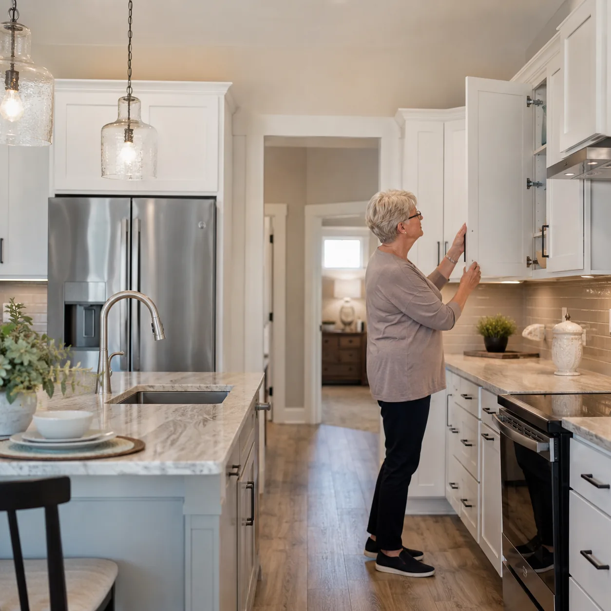 Realistic editorial photo of a staged retirement community model kitchen with polished counters and an older buyer openi