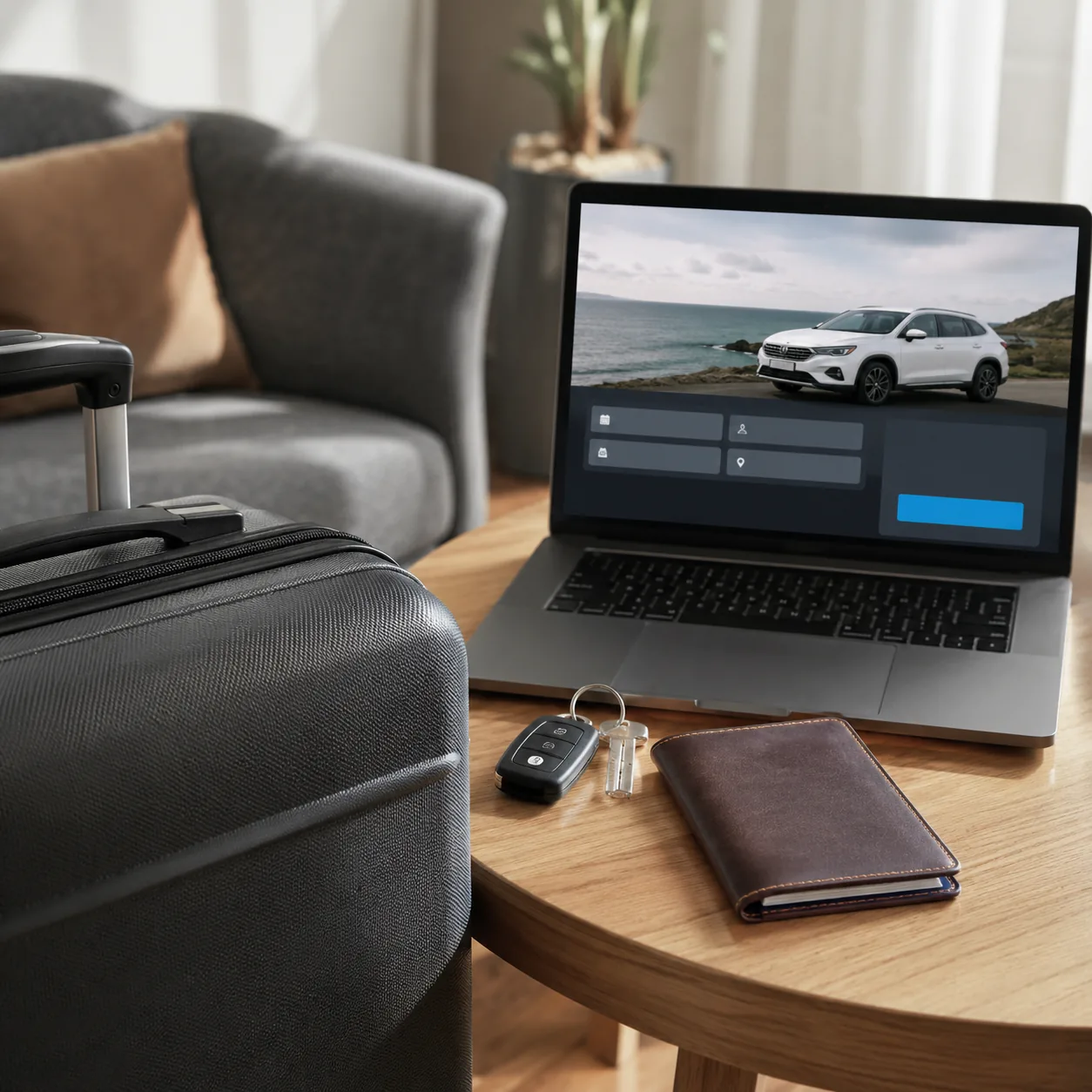 Realistic editorial photo of a suitcase, rental car keys, passport cover, and laptop booking page without visible text,