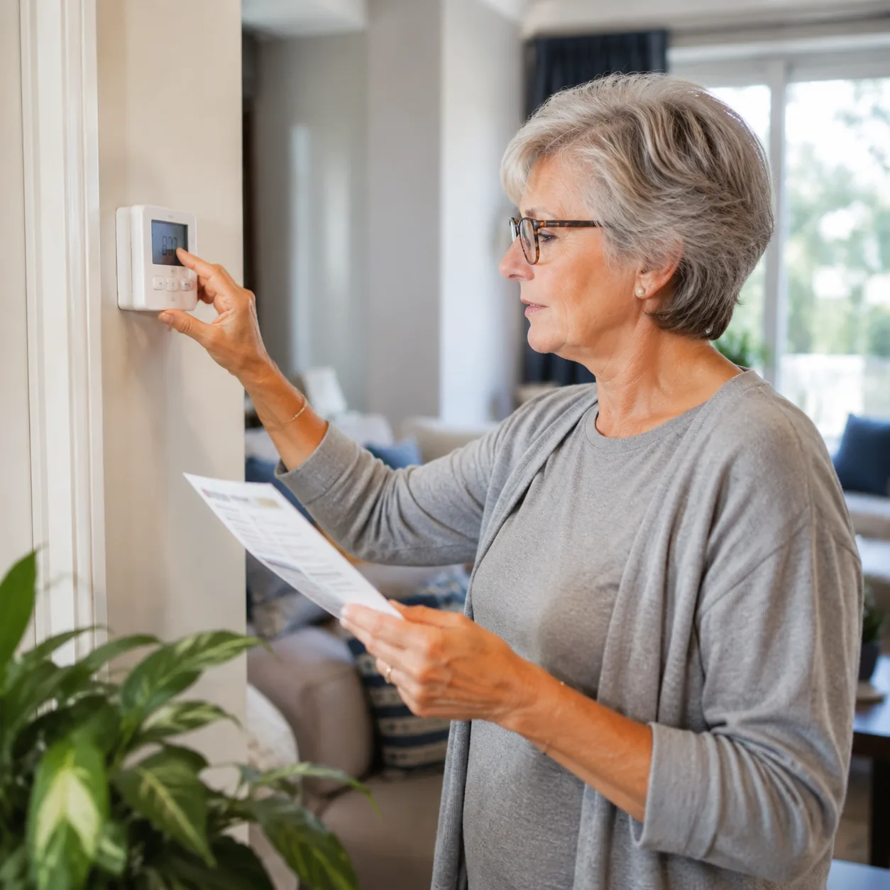 Realistic editorial photo of an older condo resident adjusting thermostat while checking a seasonal HVAC notice, practic